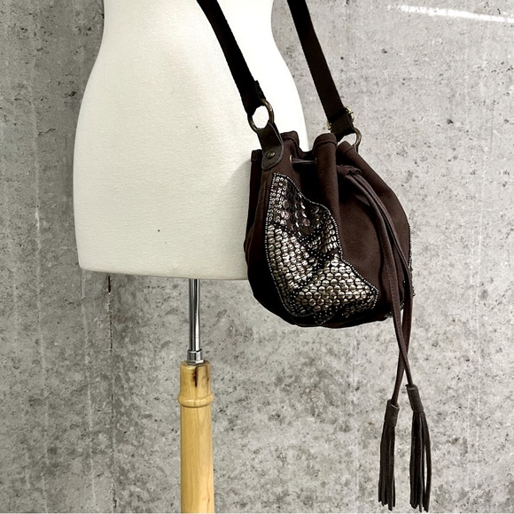 American Eagle Brown Canvas Bucket Drawstring Crossbody Bag with Suede Leather - Picture 5 of 11